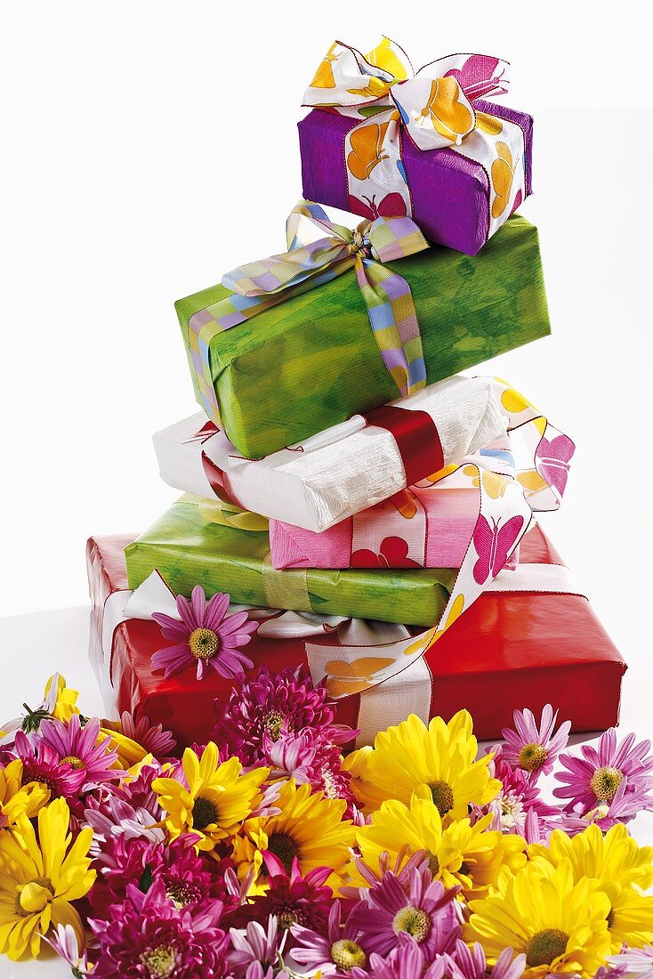 Gifts in summery wrappings, chrysanthemums