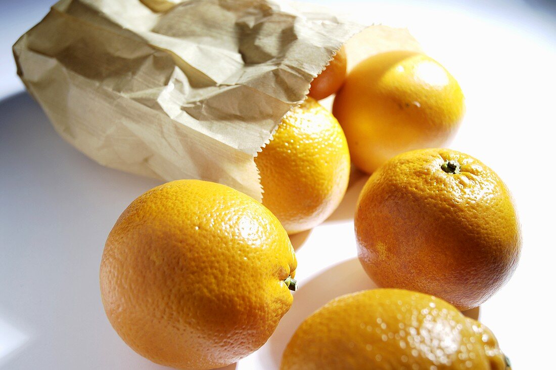 Umgekippte Papiertüte mit Orangen