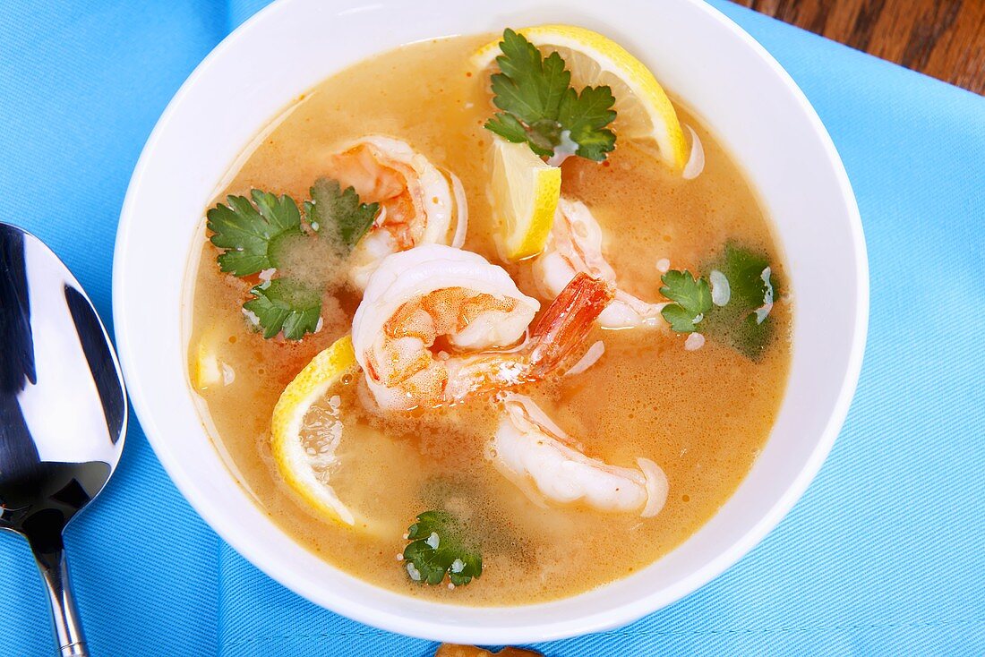 Bowl of Lemon Shrimp Soup with Cilantro
