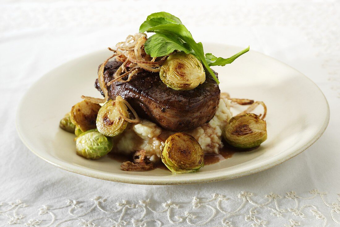 Beef Fillet with Mashed Potatoes and Brussels Sprouts