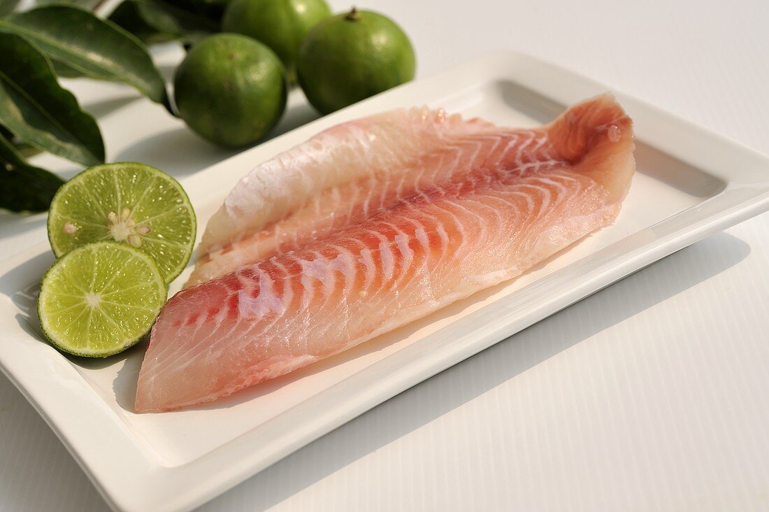 Raw tilapia fillet with slices of lime