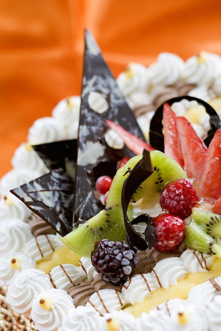 Cake decoration of chocolate and fruit