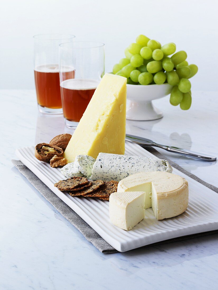 Various cheeses with crackers, walnuts, grapes, beer