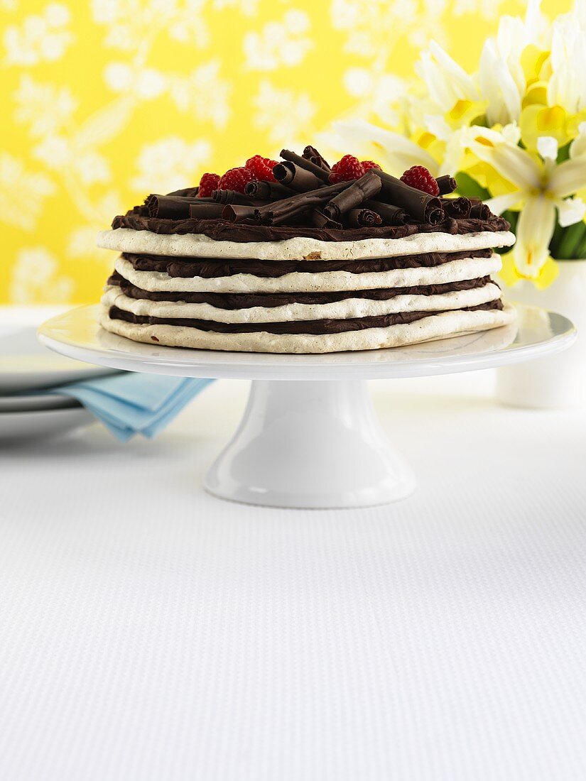 Layered meringue cake with chocolate cream and raspberries