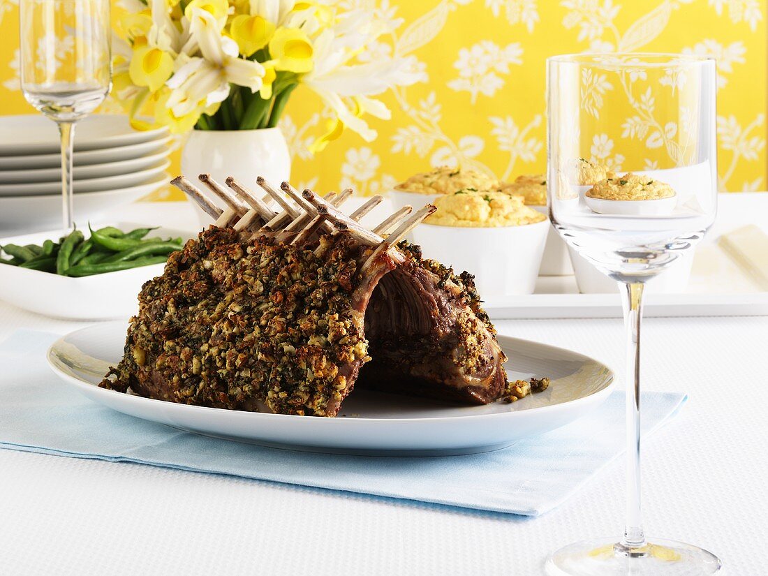 Rack of lamb with nut and herb crust, potato soufflé