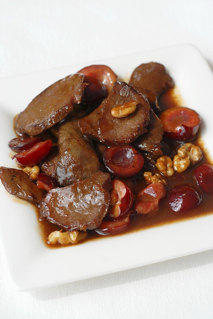 Venison ragout with cherries and walnuts