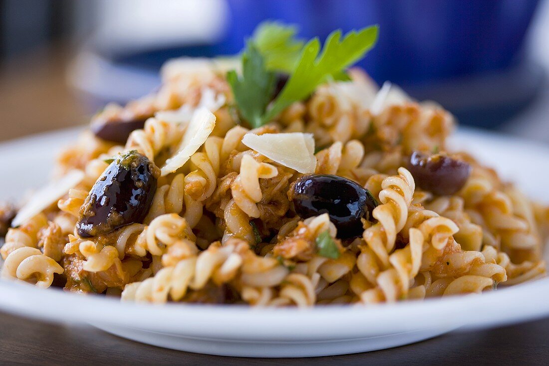 Fusilli Pasta with Tomato Kalamata Olive Sauce; Parsley Garnish