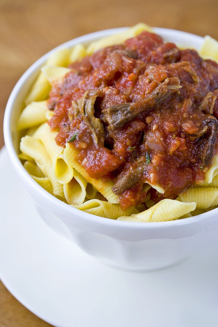 Penne with Mushroom Tomato Sauce in a White Bowl