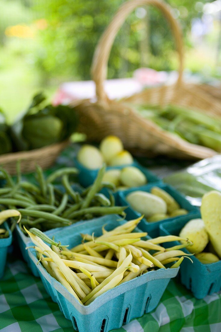Grüne Bohnen und Wachsbohnen auf einem Bauernmarkt