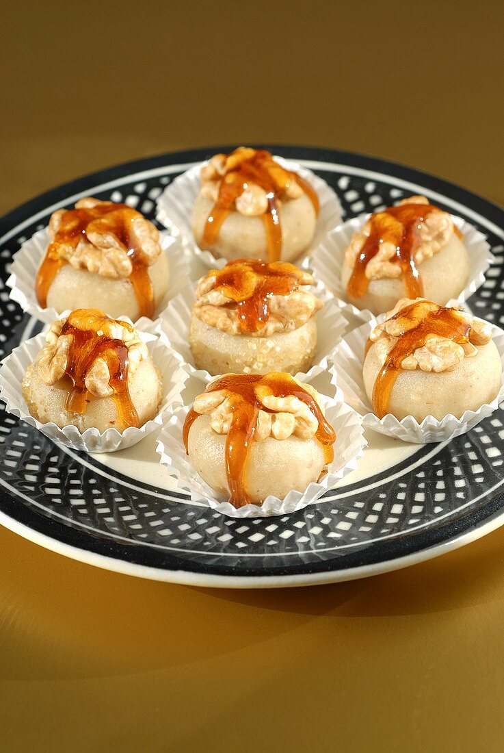 Marzipan sweets with walnuts and caramel