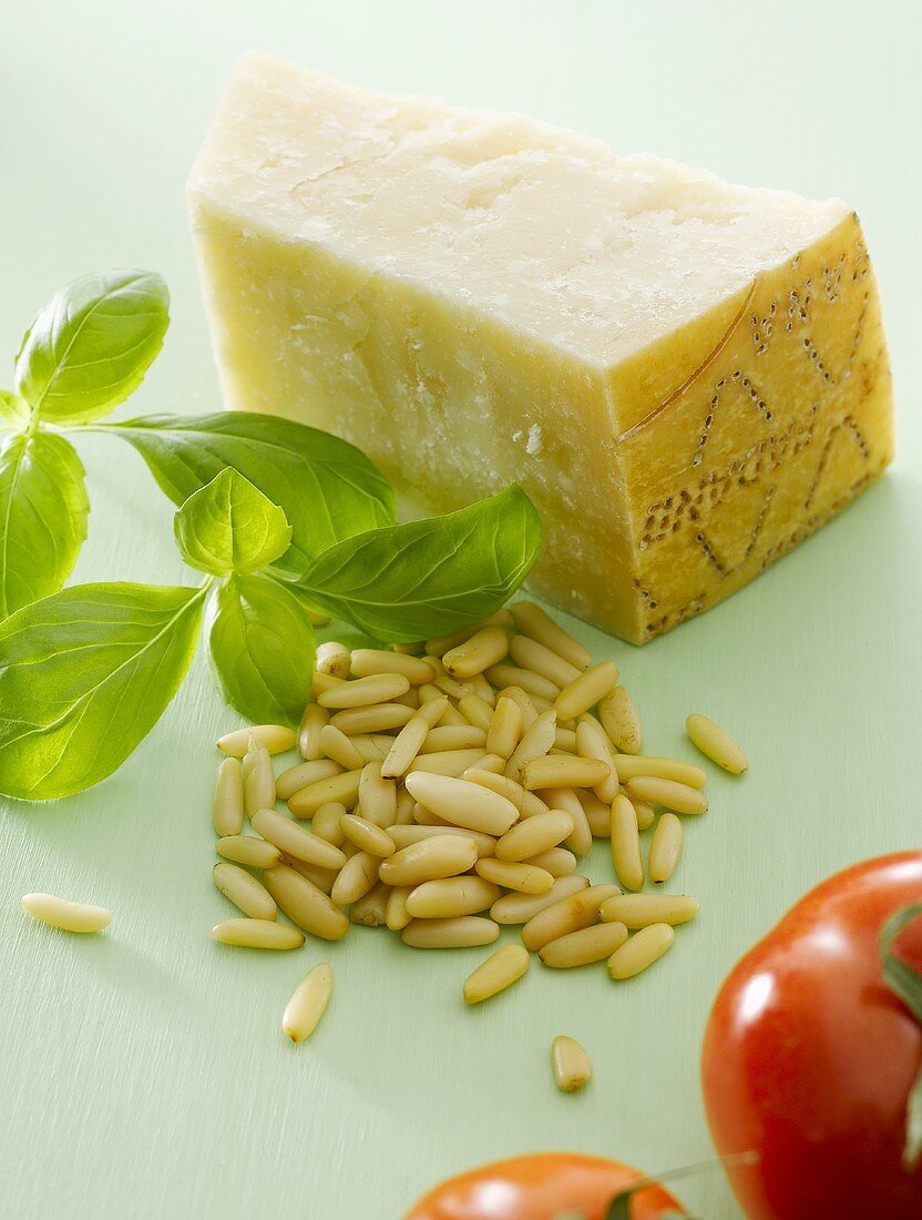 Parmesan, pine nuts, basil and tomatoes