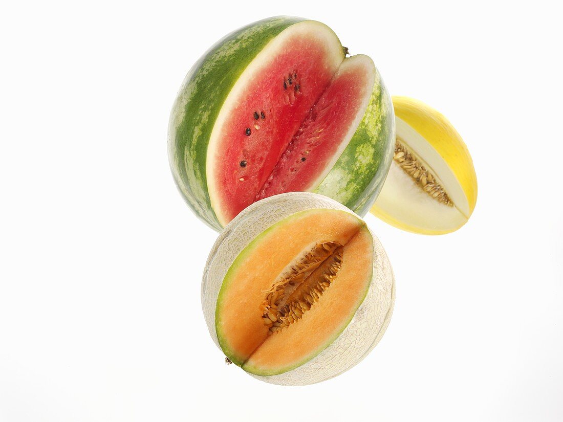 Watermelon, Charentais melon, honeydew melon (with pieces removed)