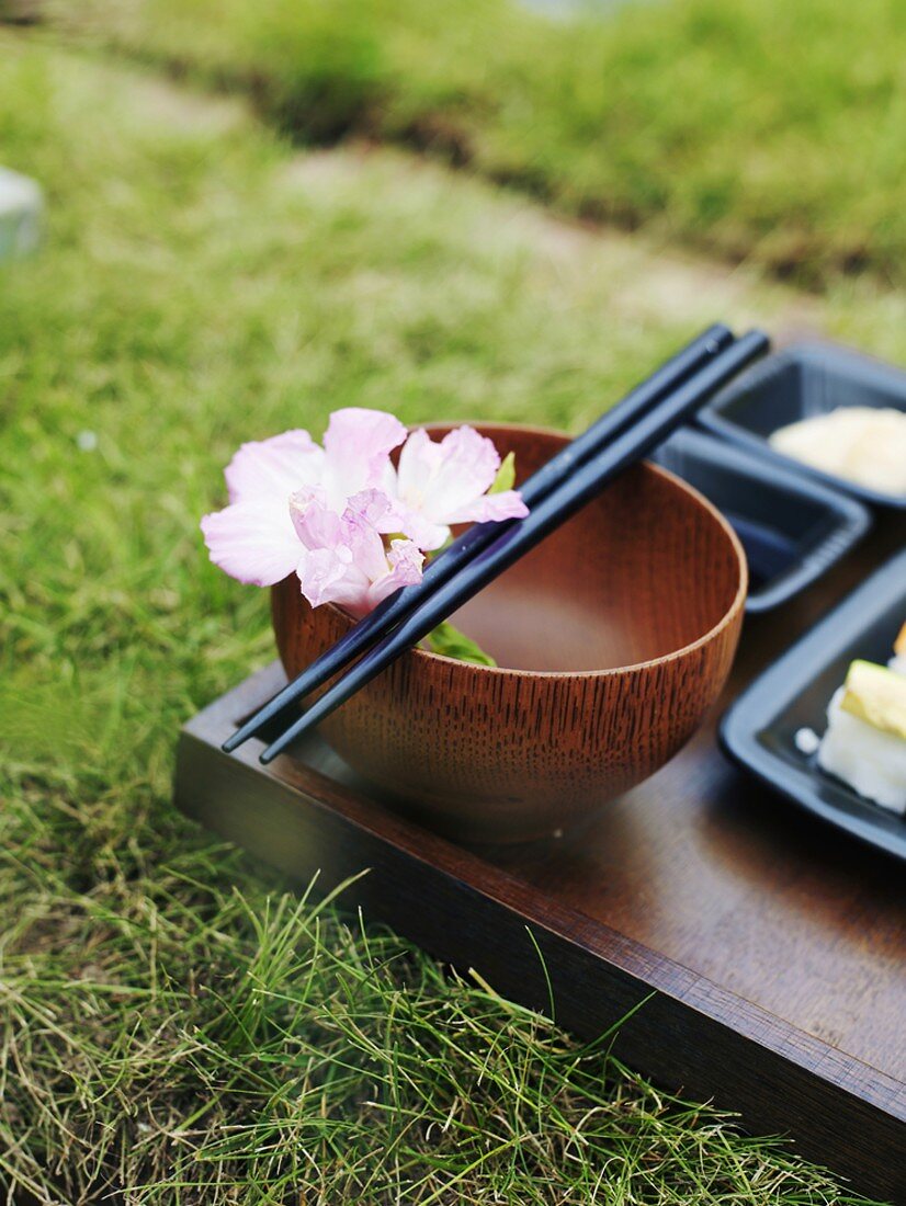 Sushi tray on grass