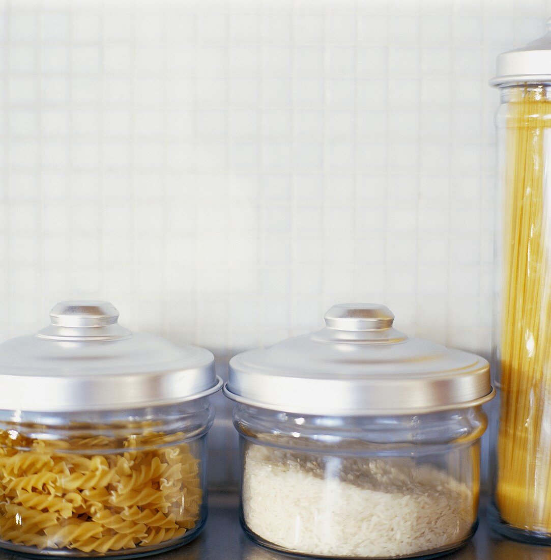 Pasta and rice in storage jars