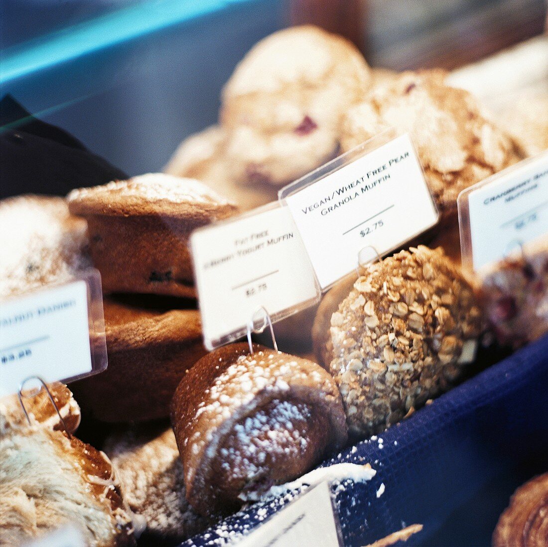 Various baked goods with price labels