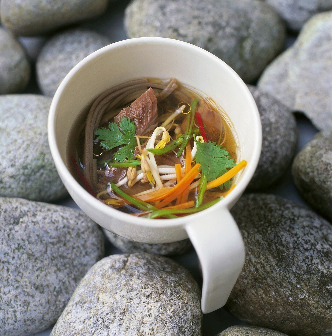 Asiatische Nudelsuppe mit Sprossen und Fleisch