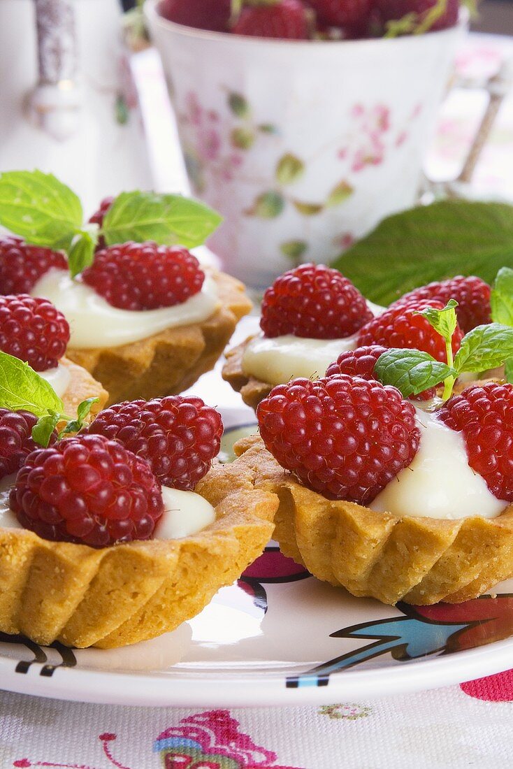 Tart shells filled with custard and fresh raspberries