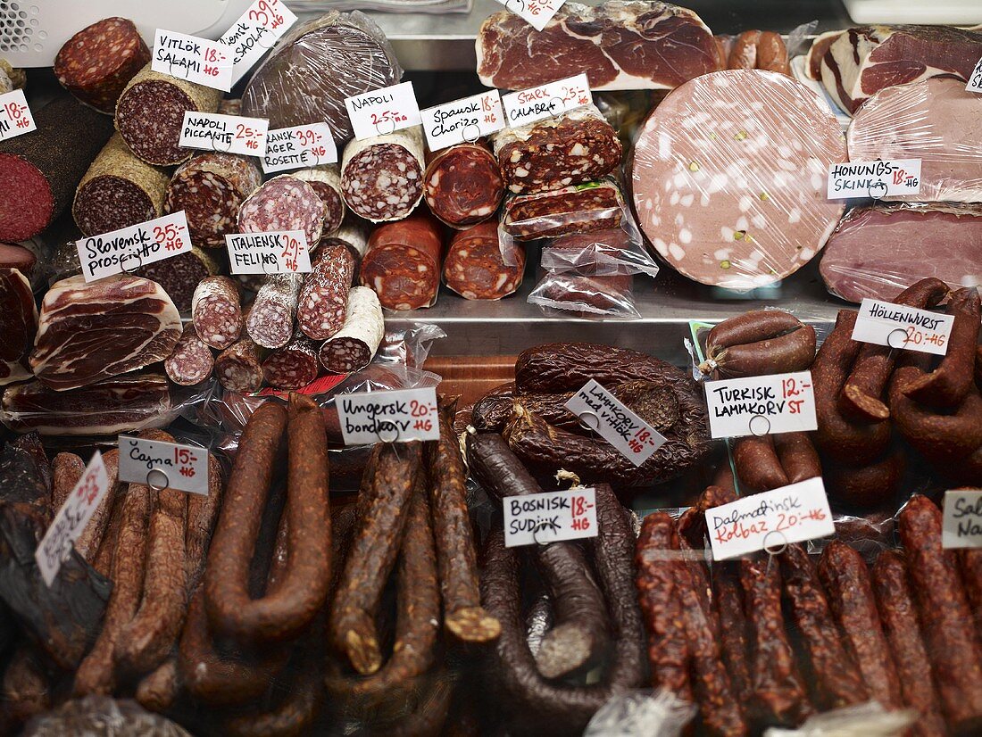 Sausages on a market stall