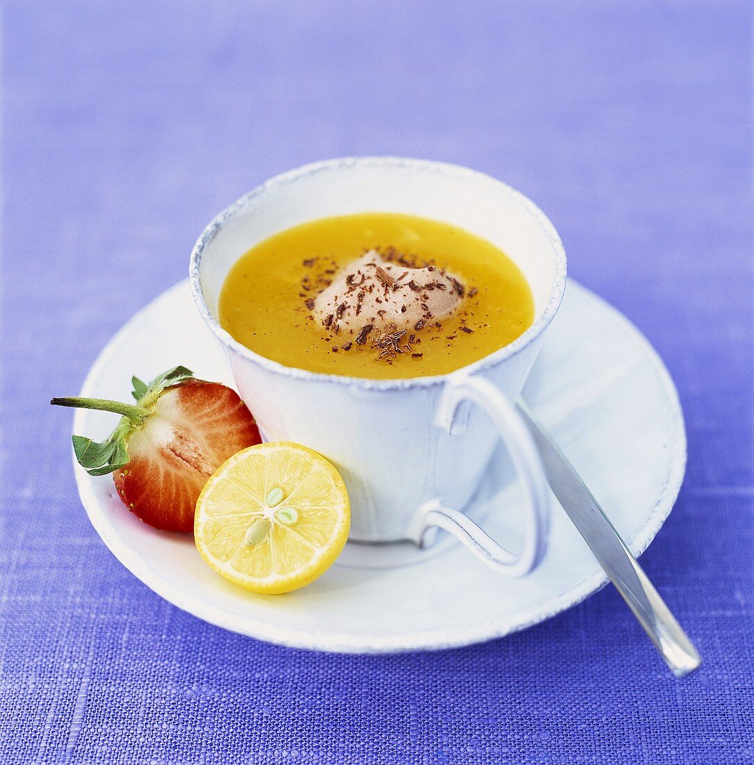 Orange soup with chocolate cream