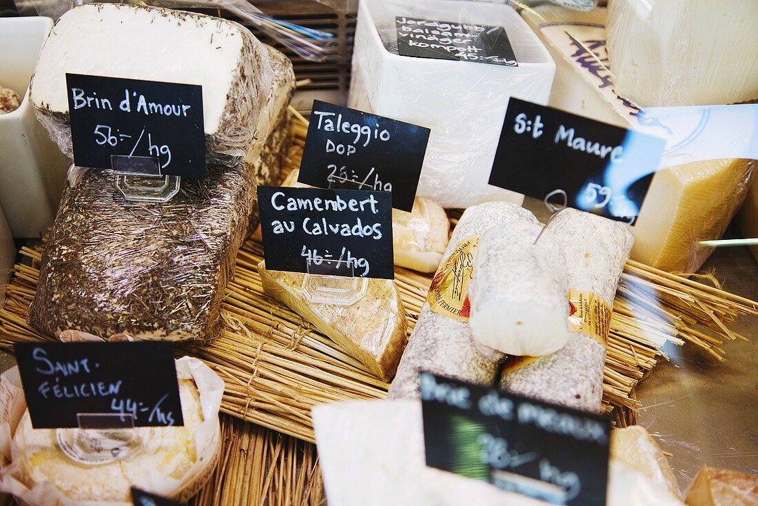 Various cheeses in a shop