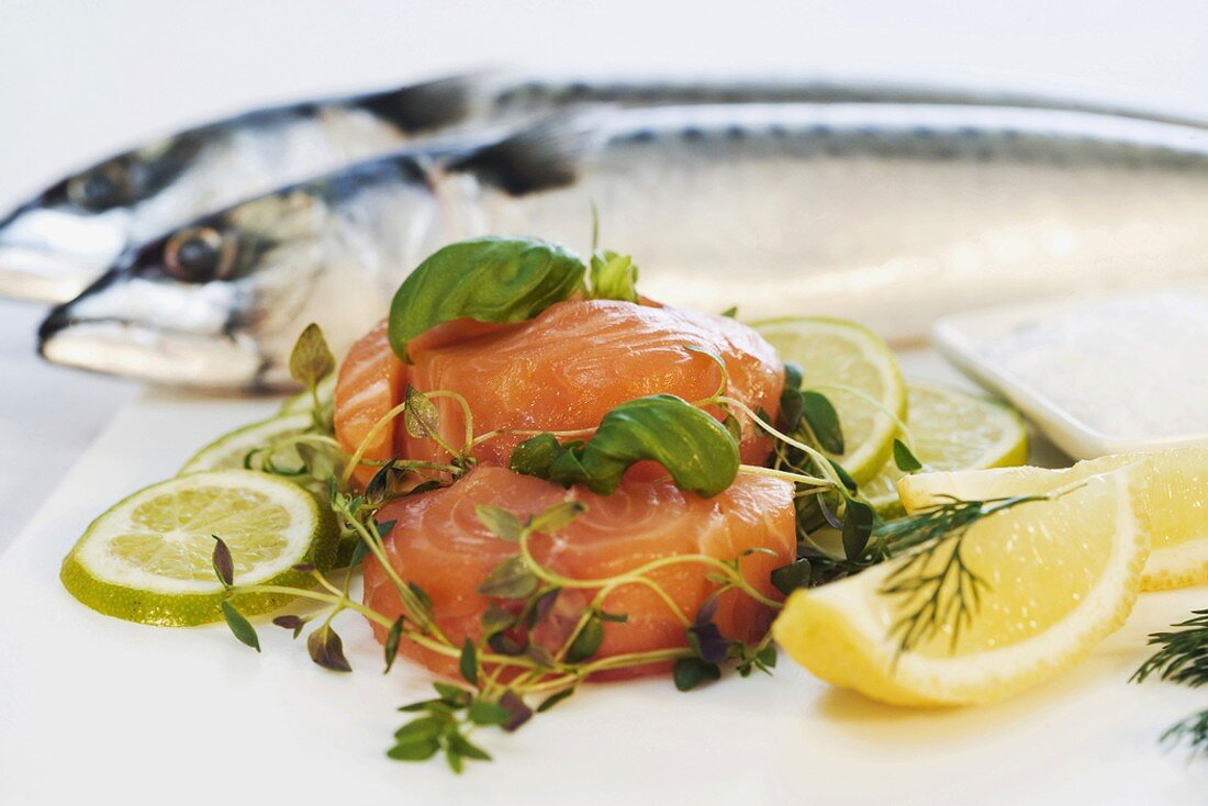 Raw salmon fillet with herbs, lime and lemon