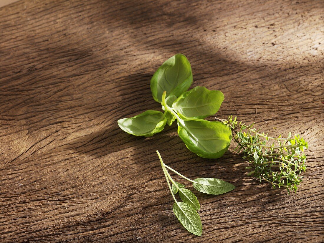 Basil, thyme and sage on wooden background