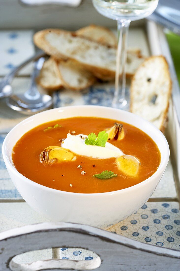 Tomato soup with shellfish and crème fraîche