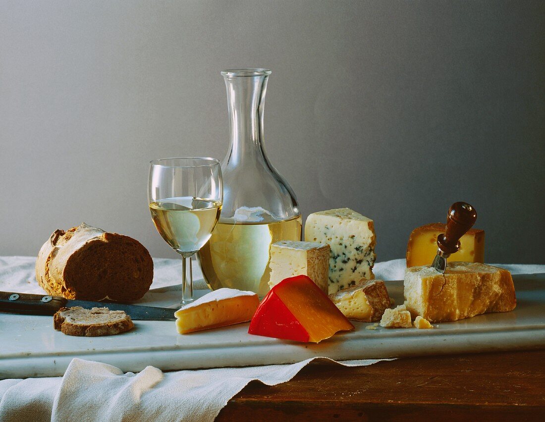 Cheese Still Life with White Wine & Nut Bread