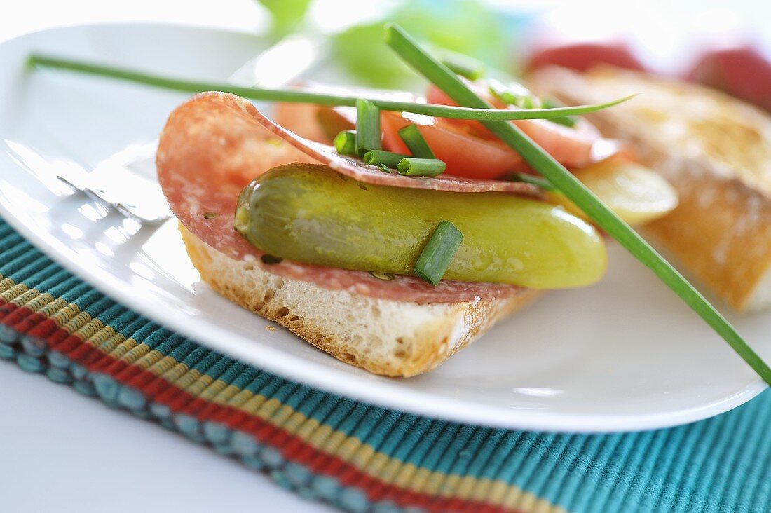 Salami and gherkin on baguette