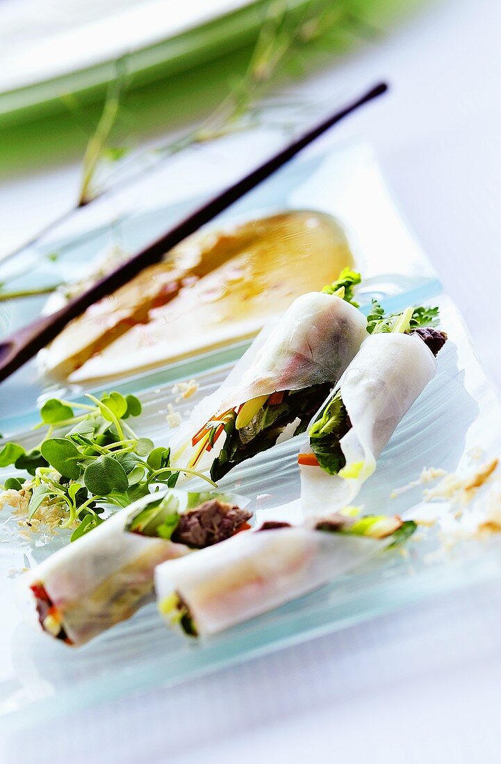 Rice paper rolls filled with beef and vegetables, sweet and sour sauce
