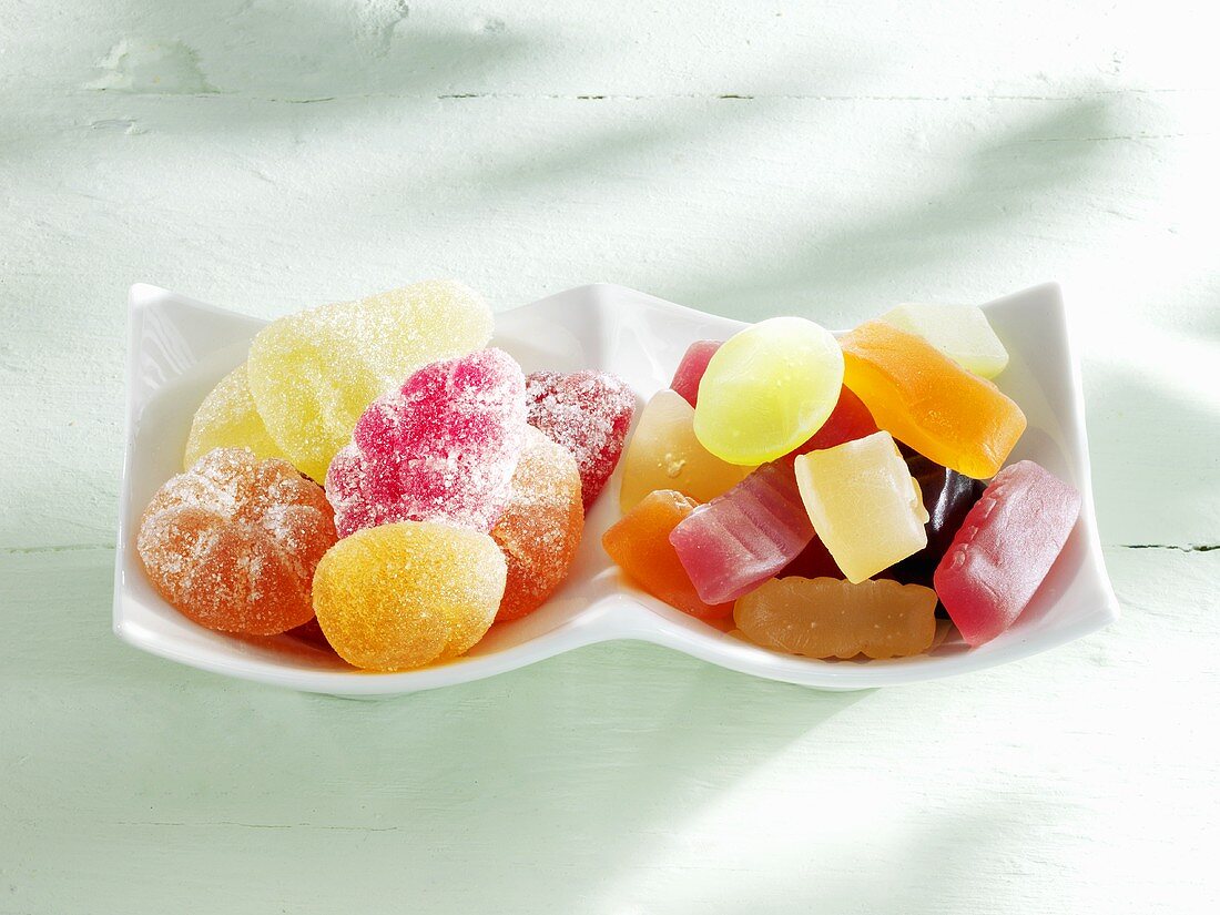 Sugar-coated fruit jelly sweets and wine gums