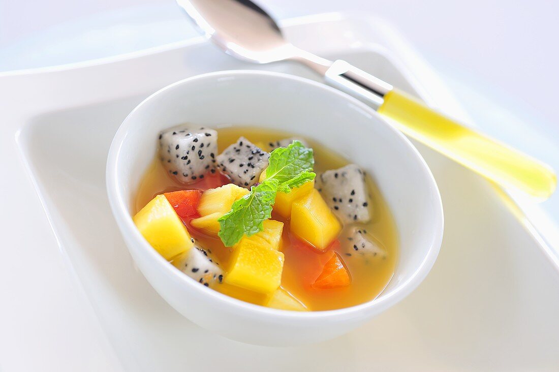 Fruit salad: melon, pitahaya, mango, papaya