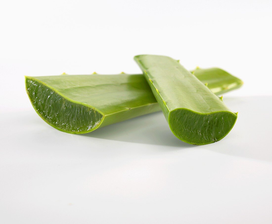 Two Aloe vera leaves showing a cut surface