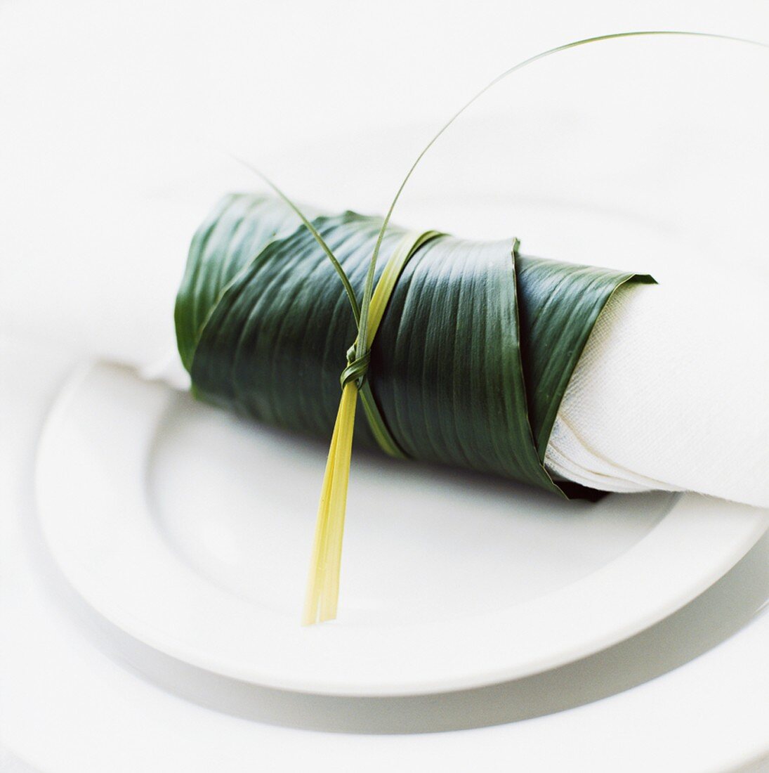 Fabric napkin wrapped in leaf on white plate