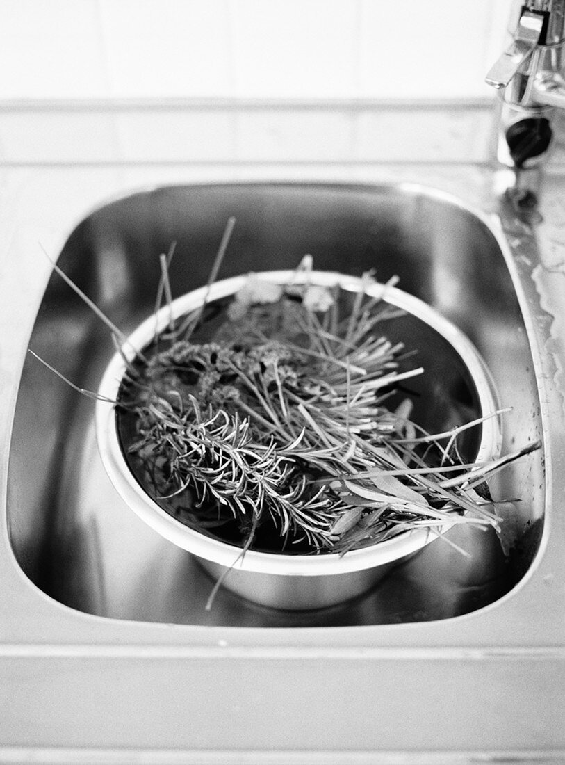 Fresh herbs in kitchen sink