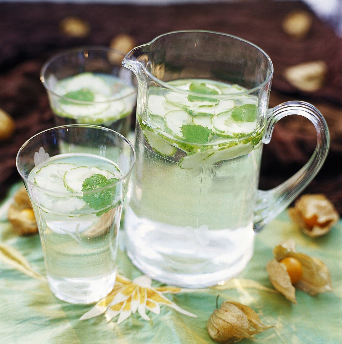 Refreshing water with slices of cucumber and mint