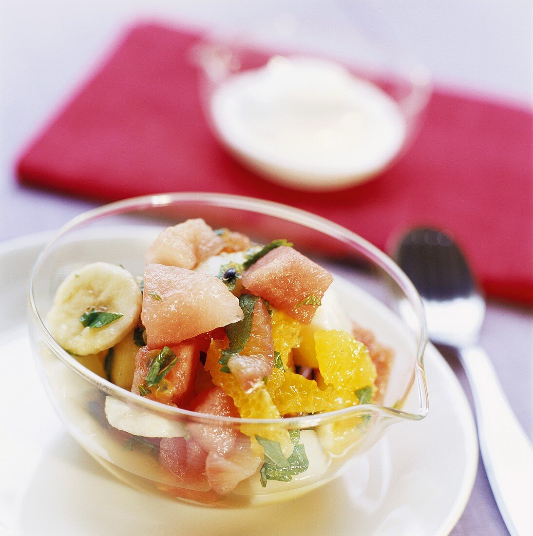 Fruit salad in glass bowl