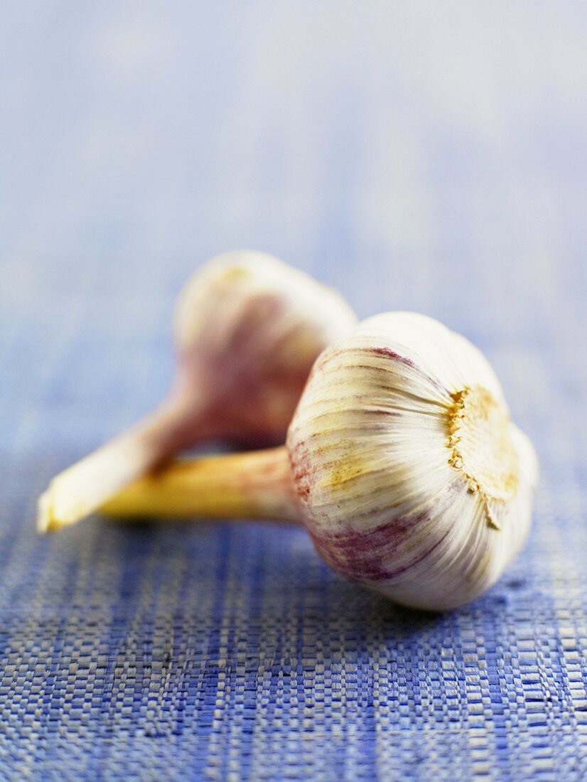 Knoblauch auf blauem Stoff