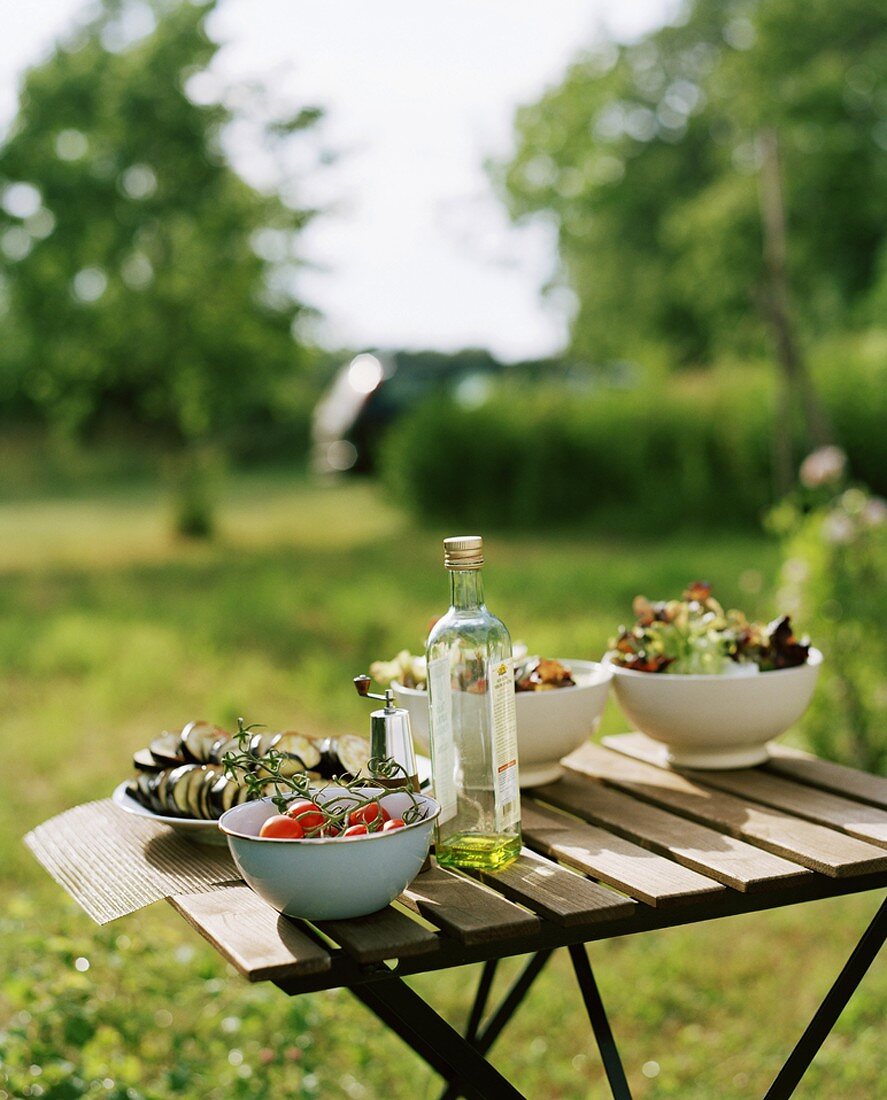 Salad and vegetables on garden table