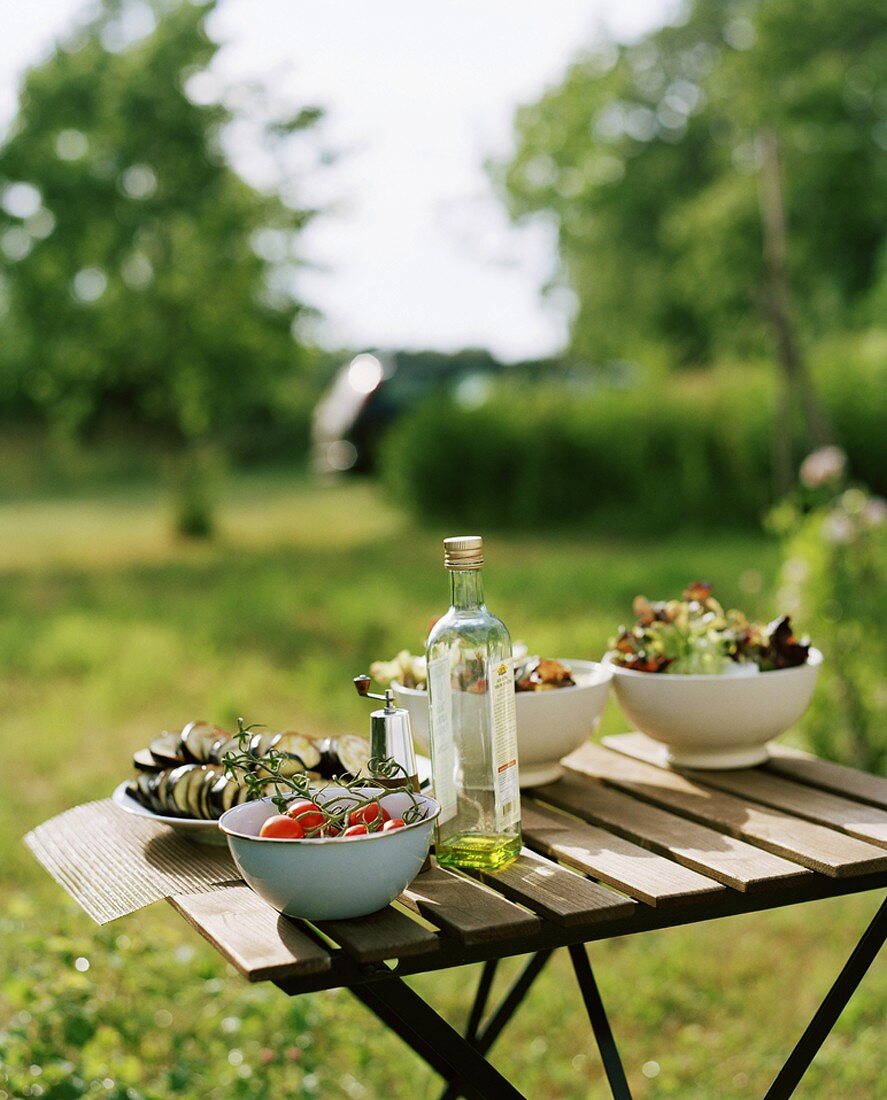 Salate und Gemüse auf Gartentisch