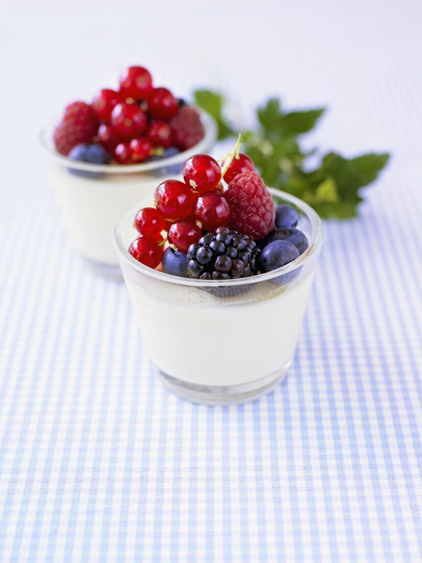 Yoghurt with berries in glasses on checked fabric