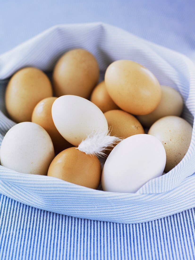 White and brown eggs in striped cloth