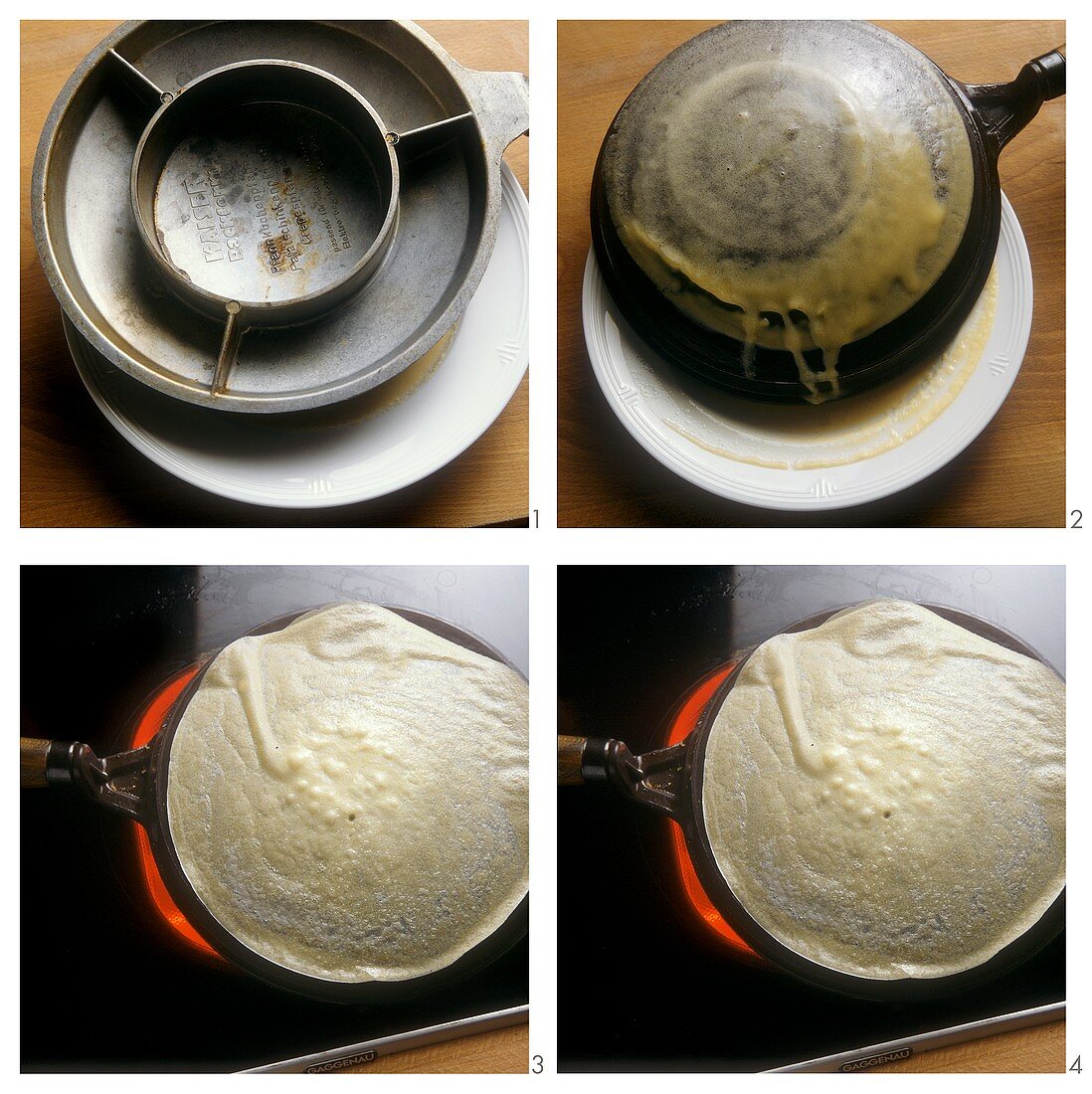 Frying crepes in a pancake pan 