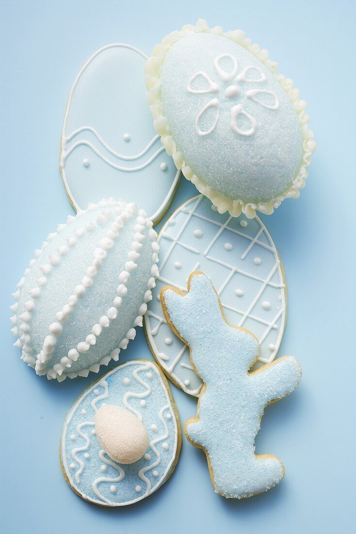 Assorted Easter biscuits with blue icing and sugar eggs