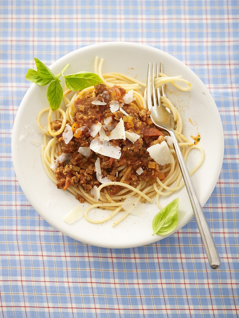 Spaghetti bolognese with Parmesan (overhead view)