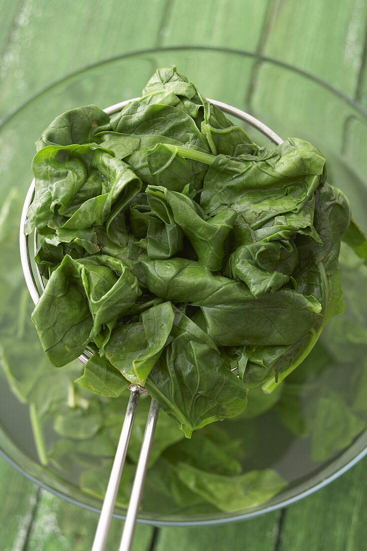 Blanched spinach in strainer