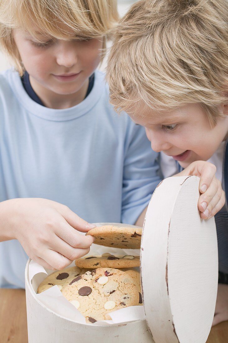 Two boys taking chocolate chip cookies out of biscuit tin