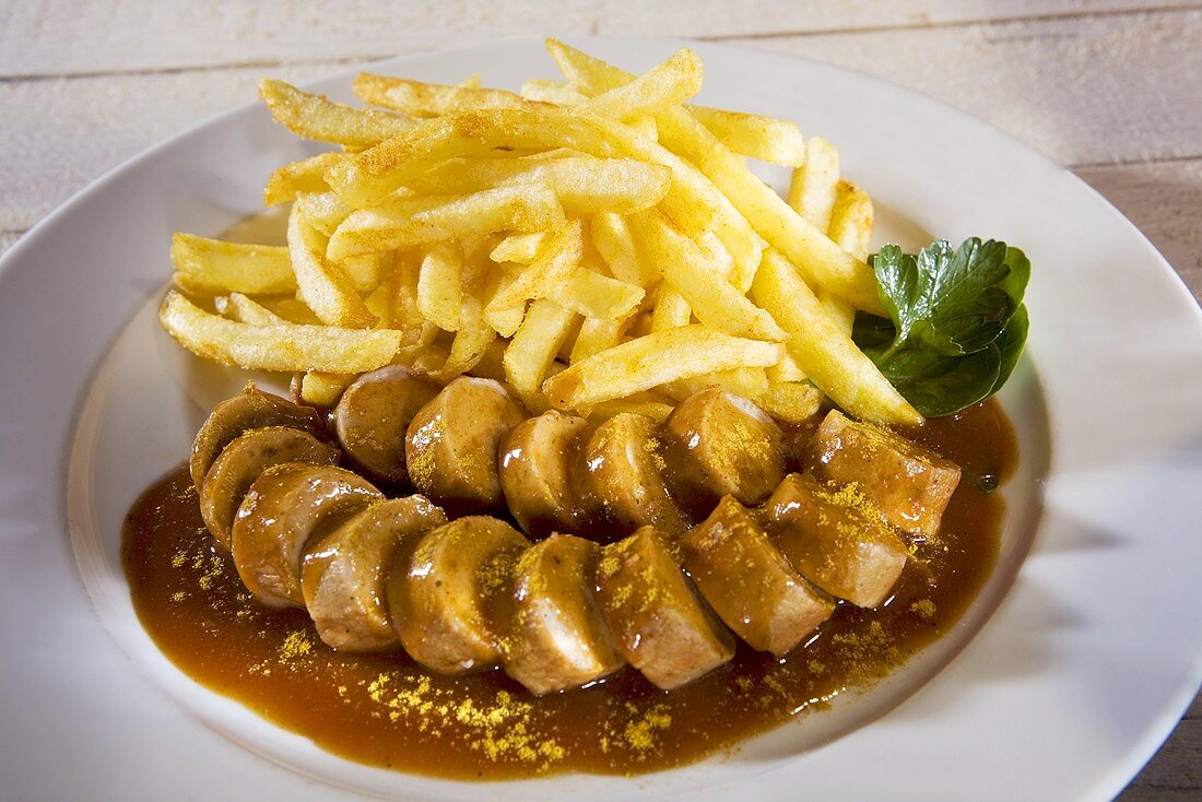Currywurst (sausage with curry sauce and curry powder) and chips