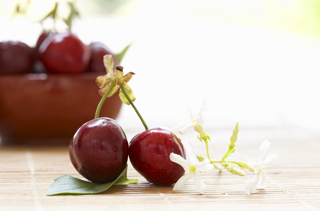 Two cherries with stalks in front of a bowl of cherries