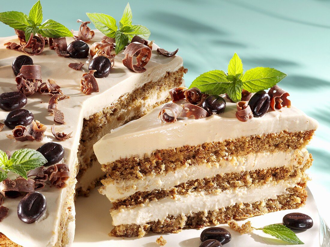 Mocha cake with mint leaves